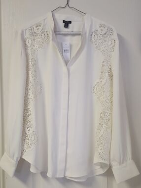 Ann Taylor White Lace-Panel Button Down Shirt